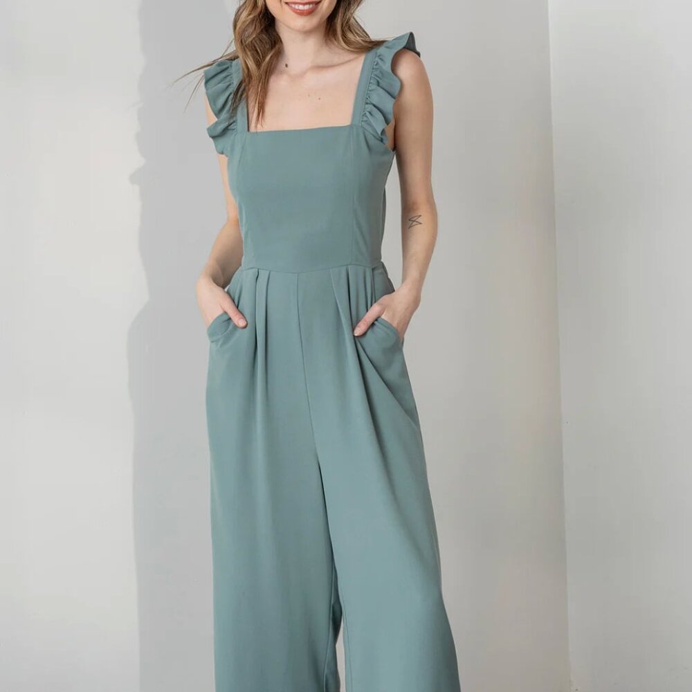 Very Good, Ruffled Detailed Jumpsuit, Sage Green, L
